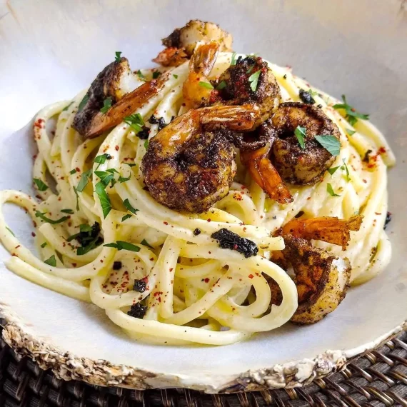 Shrimp Pasta with Black Lime, Yogurt, and Black Garlic