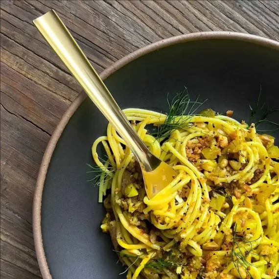 Spaghetti with Sardines, Fennel, Saffron, and Crispy Bread Crumbs