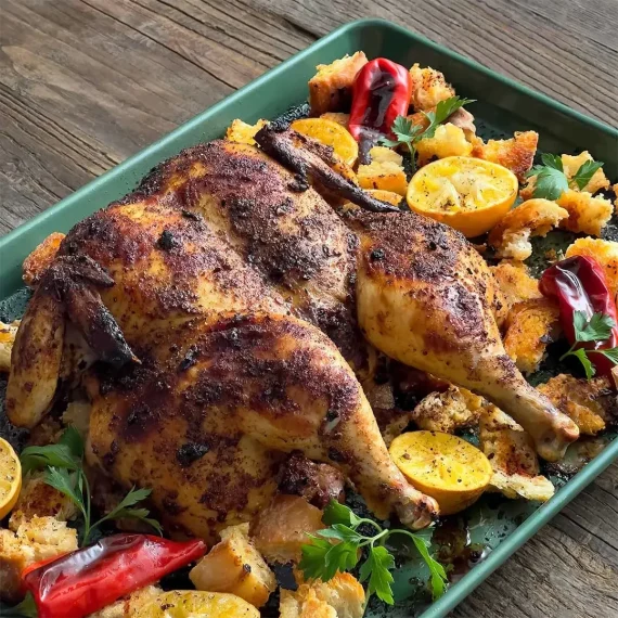 Spatchcocked Chicken with Chile Rub, Meyer Lemons, and Croutons