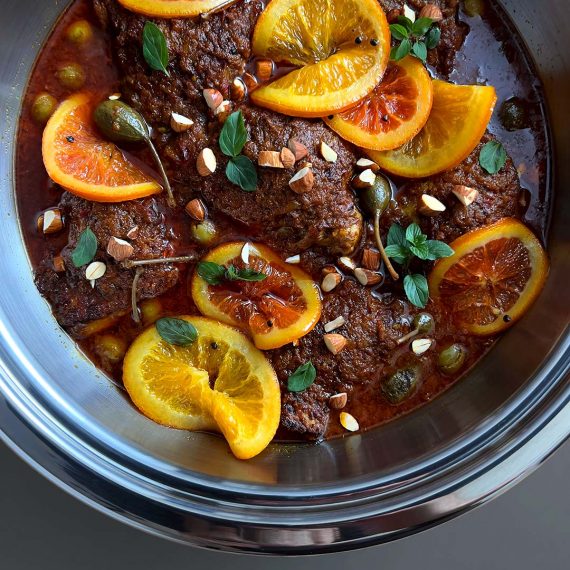 Tagine-Inspired Chicken with Oranges, Caper Berries, Olives, and Dates