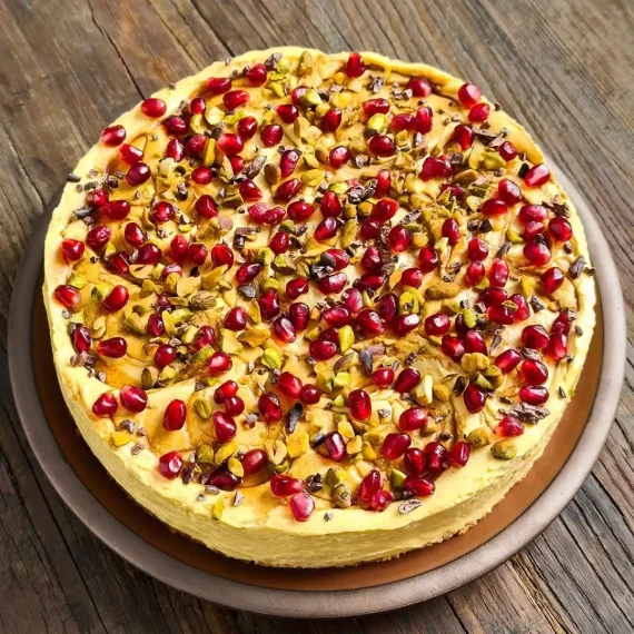 Tahini, Saffron, and Pomegranate Cheesecake