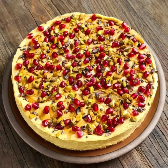 Tahini, Saffron, and Pomegranate Cheesecake